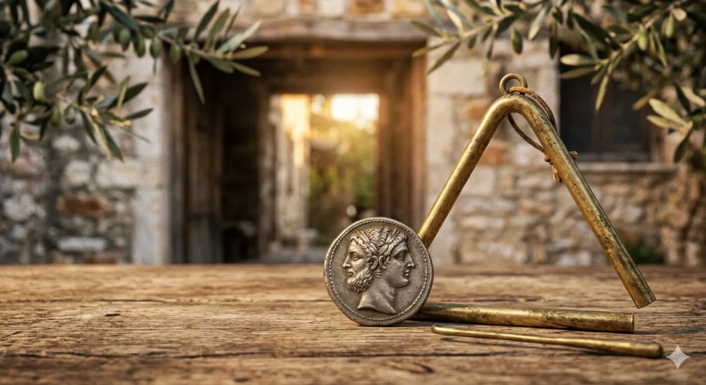 Η μετάβαση από το ρωμαϊκό παρελθόν (νόμισμα του Ιανού) στην ελληνική χριστιανική παράδοση (τρίγωνο).