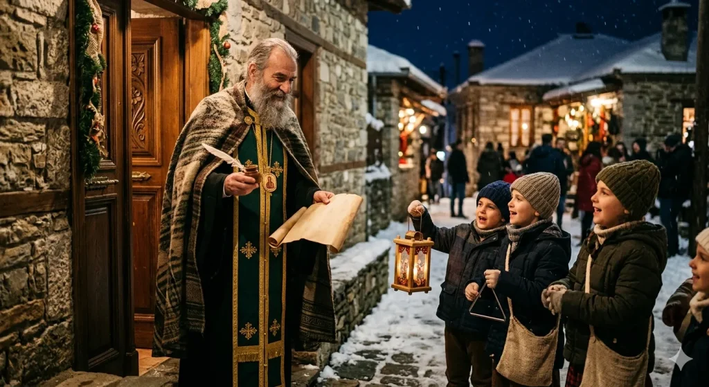 Ορθόδοξος Άγιος Βασίλειος με παιδιά που ψάλλουν τα κάλαντα της Πρωτοχρονιάς σε πέτρινο σπίτι.