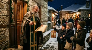 Ορθόδοξος Άγιος Βασίλειος με παιδιά που ψάλλουν τα κάλαντα της Πρωτοχρονιάς σε πέτρινο σπίτι.