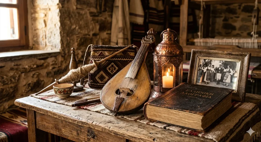 Παραδοσιακή κρητική λύρα πάνω σε παλιό βιβλίο με τίτλο Ελληνική Λαογραφία και χάλκινο φανάρι σε ρουστίκ περιβάλλον.