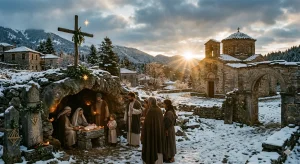 Καλλιτεχνική απεικόνιση του Χειμερινού Ηλιοστασίου με φόντο ένα χιονισμένο τοπίο και το αστέρι της Βηθλεέμ, συμβολίζοντας την προέλευση των Χριστουγέννων.