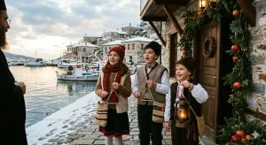 Χαρούμενα Ελληνόπουλα με παραδοσιακά μάλλινα ρούχα και ζίπκες τραγουδούν τα Κάλαντα των Φώτων με τρίγωνα και έναν παραδοσιακό φανό, έξω από πέτρινα σπίτια και μια γιορτινή φωτιά σε χιονισμένο ορεινό χωριό.