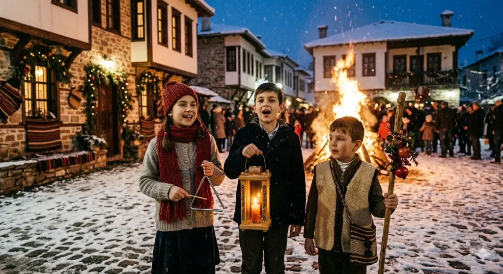 Παιδιά στη Μακεδονία τραγουδούν τα κάλαντα κρατώντας παραδοσιακές γκλίτσες και υφαντά δισάκια, μπροστά από μια γιορτινή φωτιά (Κόλιαντα Μπάμπω) σε πέτρινο χωριό.