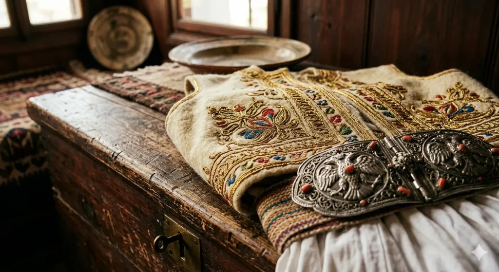 Λεπτομέρεια από παραδοσιακή ελληνική φορεσιά με χρυσό κέντημα και ασημένιο κόσμημα.