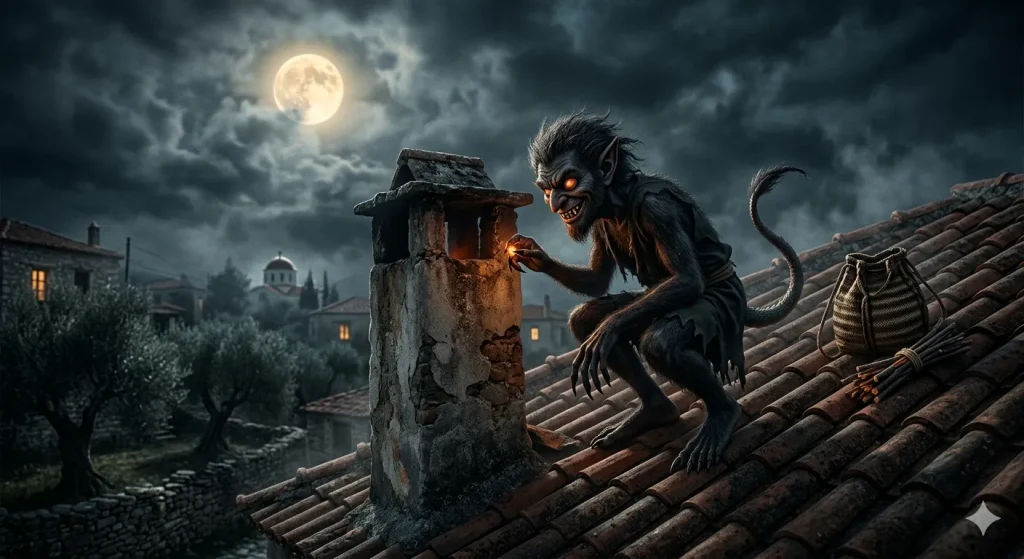 Παραδοσιακός Καλικάντζαρος σκαρφαλώνει σε στέγη σπιτιού