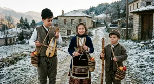 Χαρούμενα Ελληνόπουλα με παραδοσιακά ποντιακά μάλλινα ρούχα και ζίπκες τραγουδούν τα Ποντιακά Κάλαντα, με τη συνοδεία ποντιακής λύρας σε ένα χιονισμένο παραδοσιακό τοπίο.