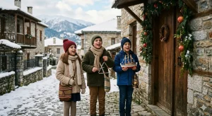 Χαρούμενα Ελληνόπουλα με παραδοσιακά μάλλινα ρούχα τραγουδούν τα Χριστουγεννιάτικα Κάλαντα με τρίγωνα και ένα παραδοσιακό καραβάκι, έξω από πέτρινο σπίτι σε χιονισμένο ορεινό χωριό.